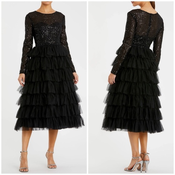 Mac Duggal Dresses & Skirts - NWT Ieena Mac Duggal Black Long Sleeve Ruffle Tiered Midi Dress Sequin Sz 4